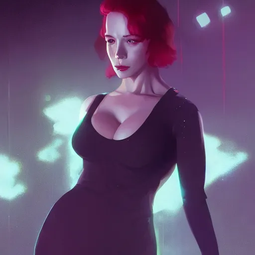 Image similar to a neo noir film still of futuristic christina hendricks, by greg rutkowski, artgerm, ross tran, conrad roset, takato yomamoto, ilya kuvshinov. 4 k, beautiful, cinematic dramatic atmosphere