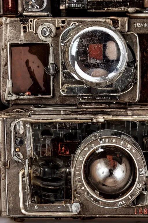 Prompt: A photo of a old 1960's device opened camera with film, vacuum tubes, capacitors and coils inside by Richard Kuiper and Steve McCurry, grungy, weathered Ultra detailed, hyper realistic, 4k