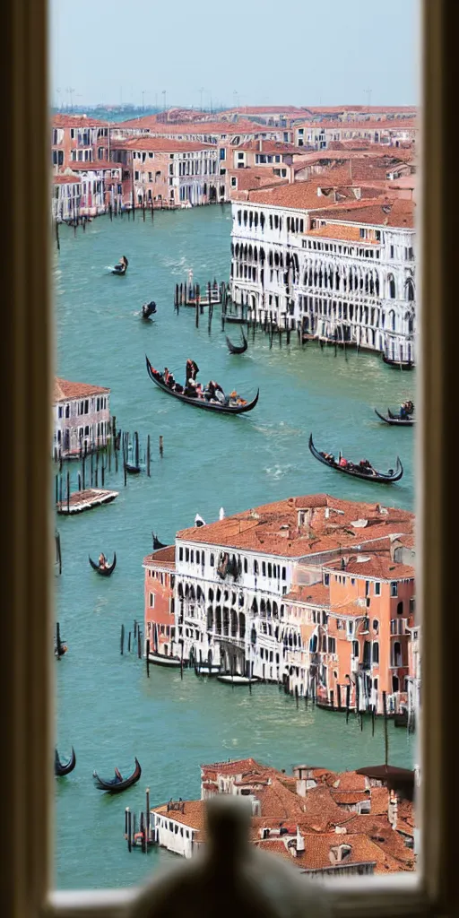 Image similar to window in foreground, venice in background, by wes anderson