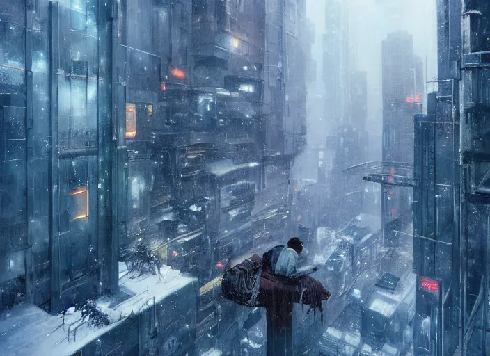 Image similar to man sitting on top of building ledge snowing snowy film photo night time serene city scape (((Wadim Kashin Wenjun Lin Bladerunner2049))) ((somber melancholic))