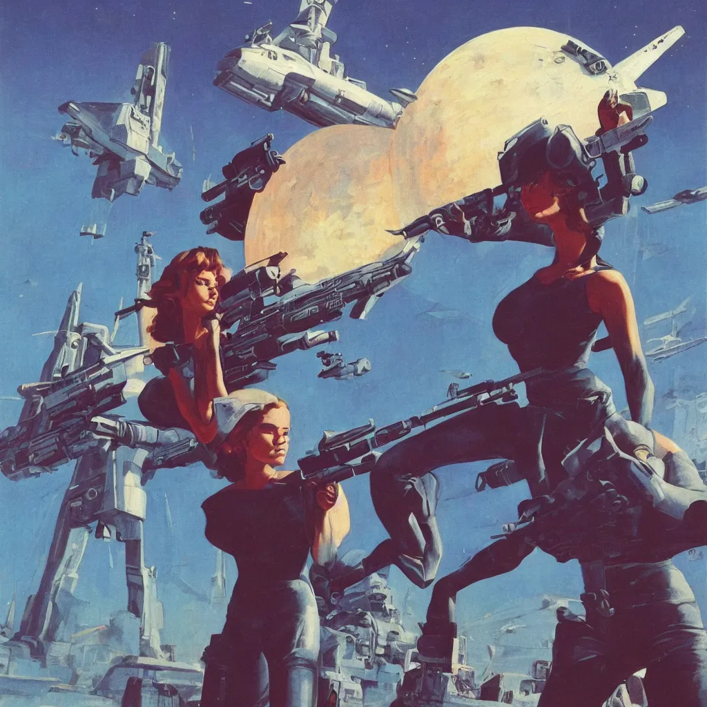 Image similar to a single young woman holding a weapon, dramatic pose, space ship in the background, wide shot, masterpiece by vincent di fate