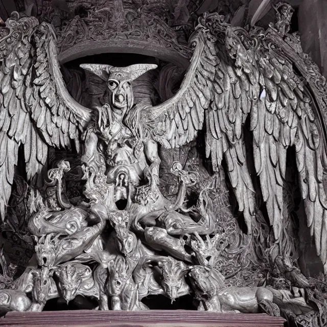 Prompt: temple made of flesh, baphomet statue at the center, angel statues, 8 0's horror movie film still, highly detailed, symmetry, award - winning photography, 1 2 0 mm