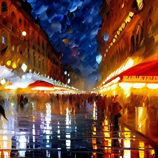 Image similar to vienna at night by craig mallism, leonid afremov, artgerm, jeremy lipkin and michael garmash, unreal engine,