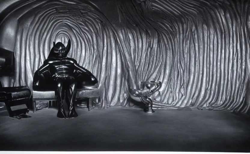 Prompt: chunky orson welles sitting on a dark throne, in an alien room by hans giger, film still from the movie by alejandro jodorowsky with cinematogrophy of christopher doyle and art direction by hans giger, anamorphic lens, kodakchrome, very detailed photo, 8 k