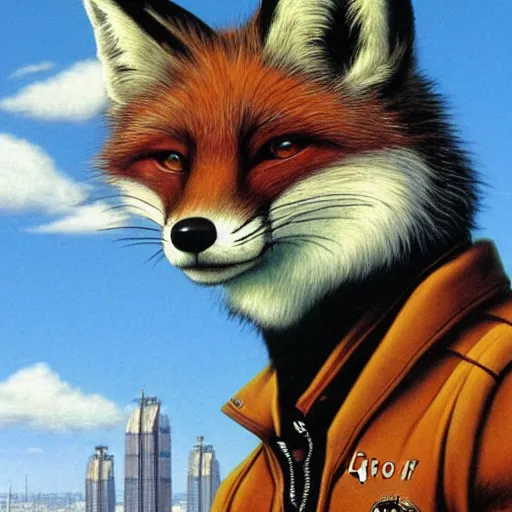 Prompt: a portrait of fox mccloud by peter elson, furry art : he is looking to the side, profile, with a sci fi city background by syd dutton