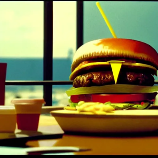 Prompt: the strange cheeseburger creature at the fast food place, film still from the movie directed by denis villeneuve and david cronenberg with art direction by salvador dali and zdzisław beksinski, wide lens