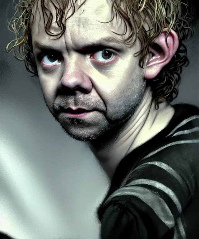 Prompt: a detailed fifty mm portrait of ( dominic monaghan ) merry brandybuck as a hobbit in a black adidas track suit with white stripes, headshot, highly detailed, digital painting, artstation, concept art, sharp focus, cinematic lighting, illustration, art by met mangindaan, artgerm and greg rutkowski, alphonse mucha, cgsociety