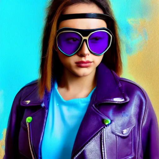 Image similar to closeup painting of a very beautiful young mexican cyberpunk woman with light blue shutter shades, one side haircut, long brown hair with light blue ends, purple leather jacket