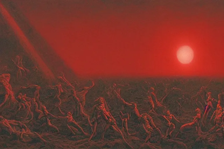 Image similar to band of warrior activate behelit in the middle of eclipse, human sacrifice ,dark sky, red cloud, sea of blood, beksinski