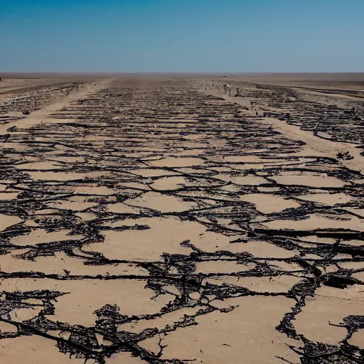 Image similar to apocalyptic beachside city, dried up oceans, desert everywhere, buildings covered in black tar