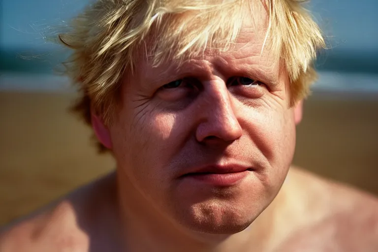 Image similar to closeup portrait of boris johnson at the beach moving britain with an oar, natural light, sharp, detailed face, magazine, press, photo, steve mccurry, david lazar, canon, nikon, focus