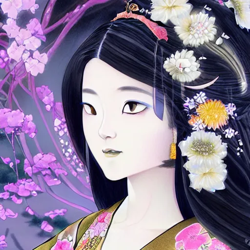 Image similar to portrait of the japanese moon princess kaguya hime with long flowing black hair wearing an ornate kimono with intricate floral patterns, touhou character illustration by ross tran, bo chen, toni infante, rebecca oborn, michael whelan, trending on artstation cgsociety hq