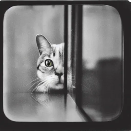 Image similar to wide-shot very low-angle eyesight photo of a mirror door with a reflection of a cat at the street in New York, polaroid photo, by Andy Warhol, signed