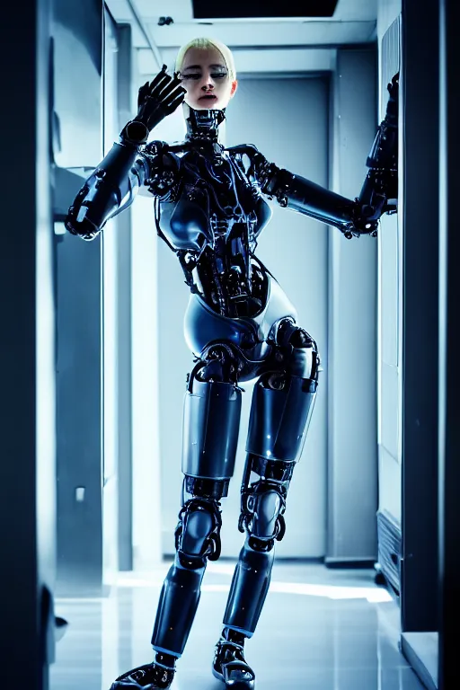 Image similar to cybernetic high tech catgirl, sci - fi, cyberpunk, futurism, exoskeleton, strong artificial intelligence, symmetry, cinematic, elegant, luxury, professional studio light, perfect composition, dlsr photography, sharp focus, 8 k, ultra hd, sense of awe, highly detailed, hyper realistic, intricate, high fashion journal cover