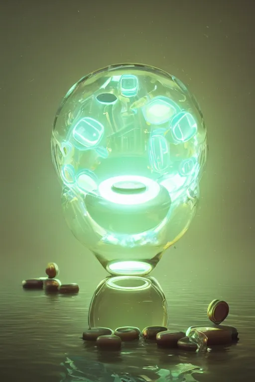 Prompt: pill floating with glowing liquids inside. third person, centered, 3d, studio lighting, intricate artwork by Tooth Wu and wlop and beeple. octane render, trending on artstation, greg rutkowski very coherent symmetrical artwork. cinematic, hyper realism, high detail, octane render, 8k