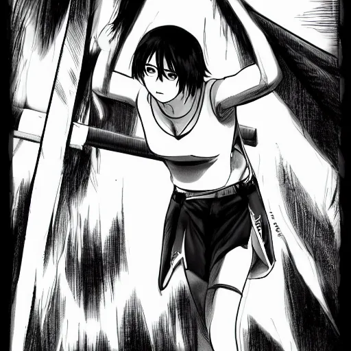 Image similar to mikasa ackerman doing pullups, sweating, sharp eyes