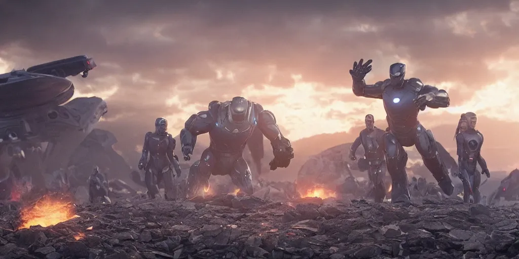 Image similar to an octane render from waya steurbaut 2 YT on the battle field of avengers endgame, cinematic, high resolution film render 100k, photo realistic