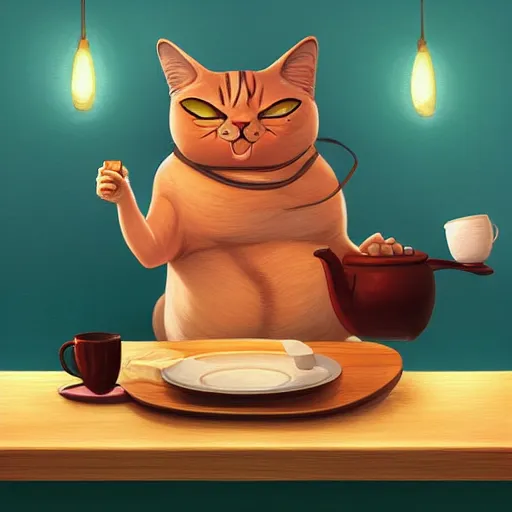 Prompt: angry fat cat full of rage drinking tea, by cyril rolando and naomi okubo and dan mumford and ricardo bofill, HD, 4k