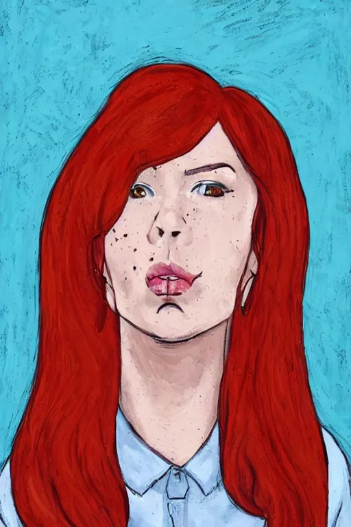 Prompt: portrait of a woman!!! red hair! freckles! button up shirt! daria art style