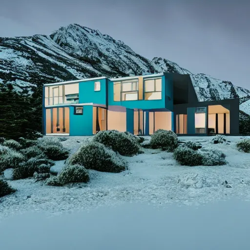 Image similar to wes anderson style modern futuristic house near the lake, snowy mountains and green forest, cinematic, realism, photo, detailed