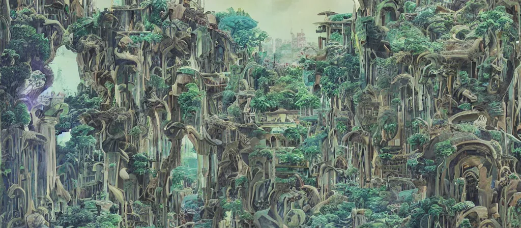 Image similar to huge gargantuan angular dimension of pagoda liminal spaces, temples by escher and ricardo bofill. utopian singaporean landscape by roger dean. magical realism, surrealism, lush sakura trees, waterfalls, thunder, lightning, cyberpunk, shot from below, epic scale