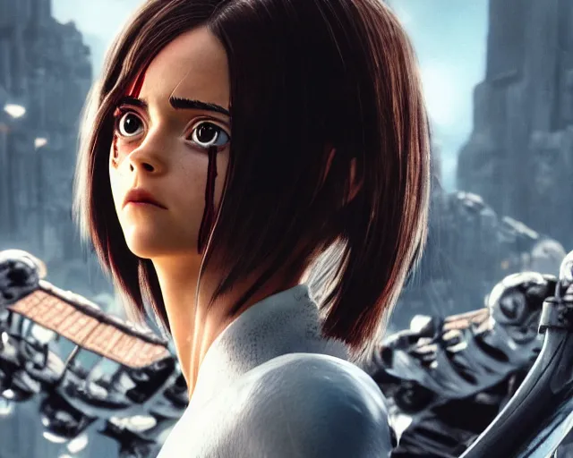 Image similar to a film still from battle angel alita played by actress emma watson, portrait, cinematic lighting, photorealistic, hyperrealistic, highly detailed, photorealistic, high resolution, 4 k