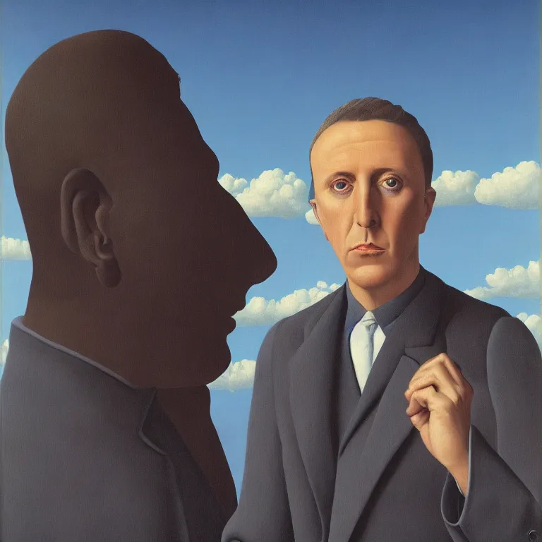 Image similar to portrait of maynard james keenan, clouds in the background, by rene magritte, detailed painting, distance, middle centered, hd, hq, high resolution, high detail, 4 k, 8 k