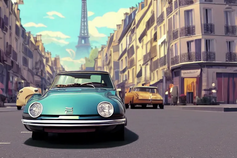 Image similar to a wholesome beautiful animation key shot of!! one!! focused!! 1 9 7 4 citroen ds!! in a paris street, medium wide shot, studio ghibli, ( pixar ) and disney animation, sharp, very detailed, high resolution, rendered in unreal engine 5, anime key art by greg rutkowski, bloom, dramatic lighting