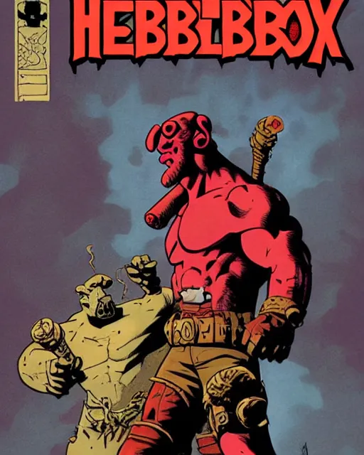 Prompt: hellboy vs diablo, facing each other, comix cover by mike mignola, graphic