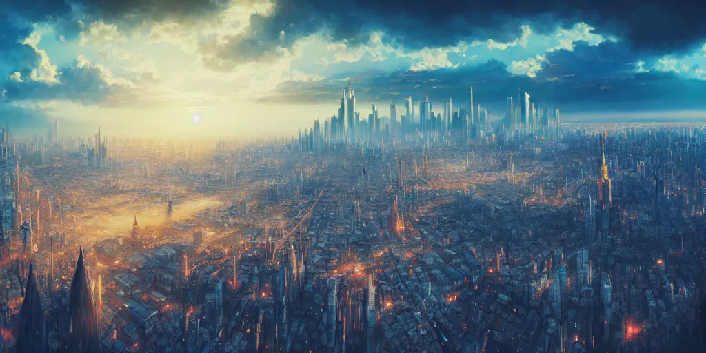 Prompt: city build on clouds, huge city, fantasy, highly detailed, high quality, 8 k, 4 k, octane render, digital painting, alena aenami, lilia alvarado, shinji aramaki, karol bak, alphonse mucha, tom bagshaw