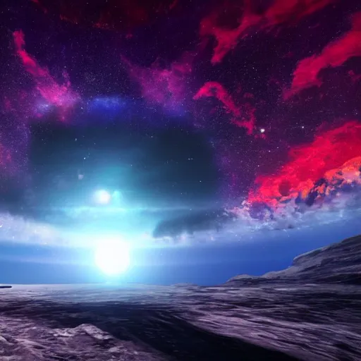 Image similar to The grand ending of an ominous era outside an exoplanet in space with a clear view of a spiral galaxy in splashes of red, purple and dark blue in unreal engine S- 69