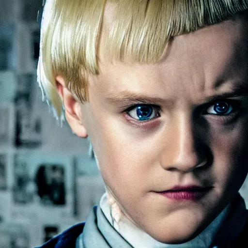 Image similar to Draco Malfoy as One from Stranger Things, high resolution photo