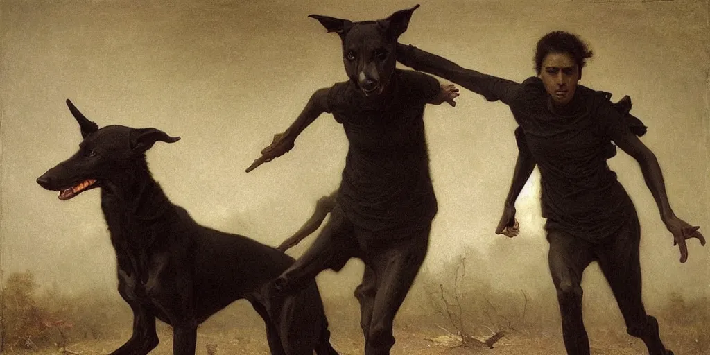 Image similar to black greyhounds running in the night, dark environment, by wiliam bouguereau, nicola samori and andrew wyeth. highly detailed, realistic. dark atmosphere