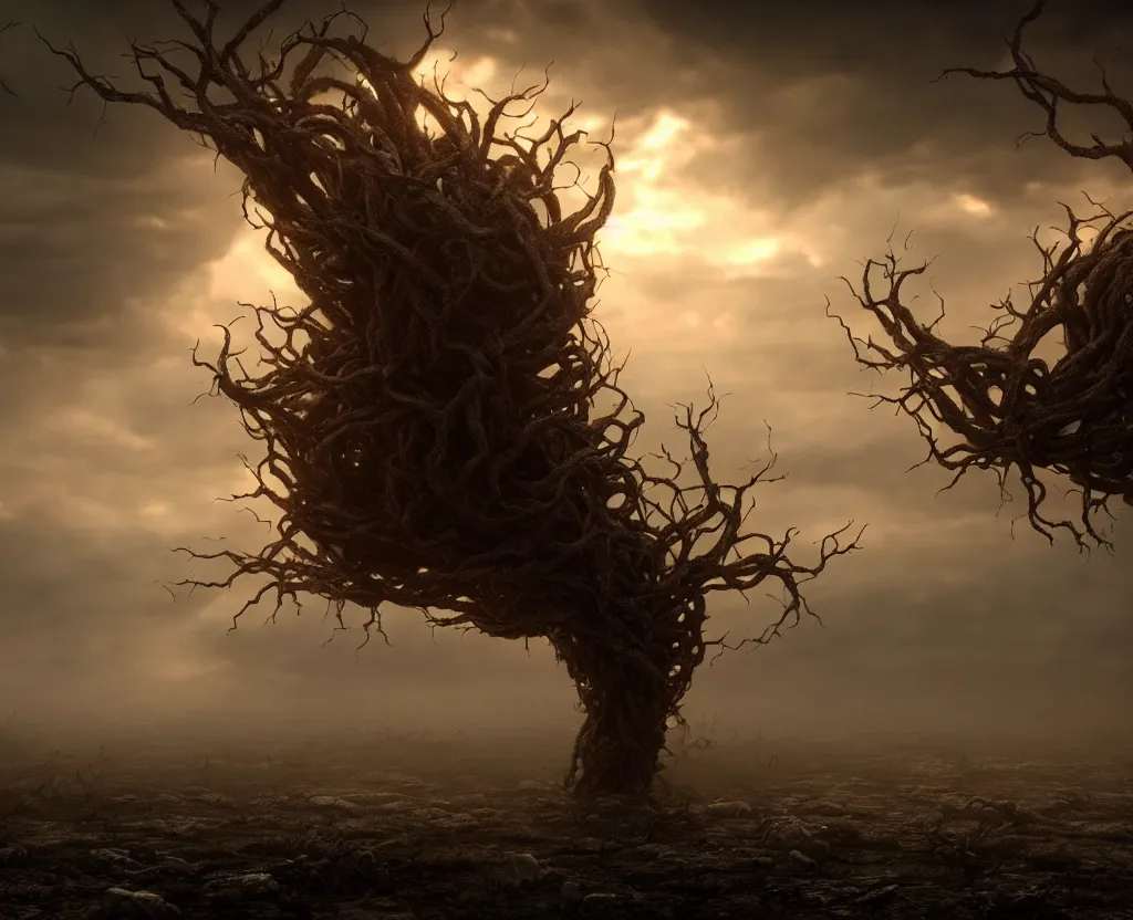 Image similar to the tendrils of a dormant god extending up into the sky, volumetric lighting, unreal engine 5, harrowing apocalyptic atmosphere, photorealistic, unnerving, hyperdetailed 3d matte painting, hyperrealism, hyperrealistic, cinematic masterpiece, fantasy horror style 8k ultrahd octane render