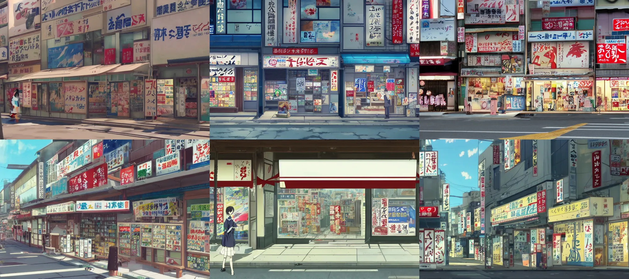Prompt: a japanese storefront with many signs and advertisements, screenshot from the anime by Makoto Shinkai