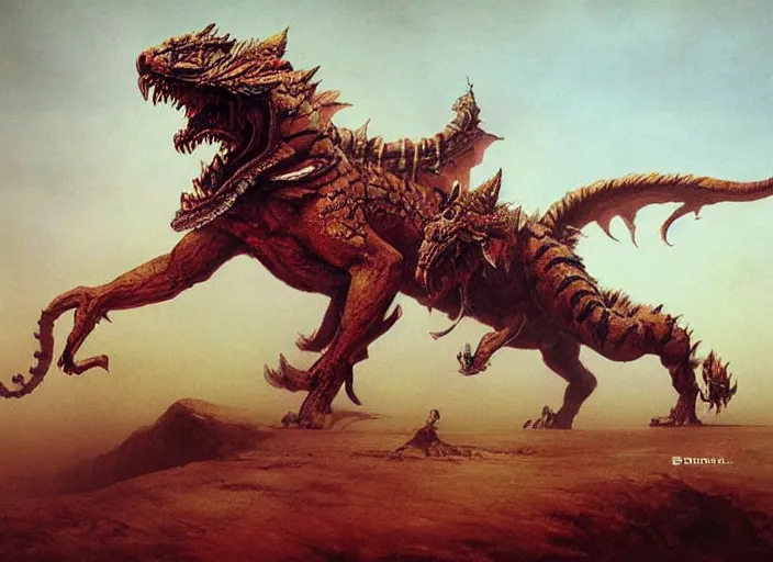 Image similar to a tiger dragon with 4 legs, full body concept, monster hunter monster, beksinski, brent hollowell,