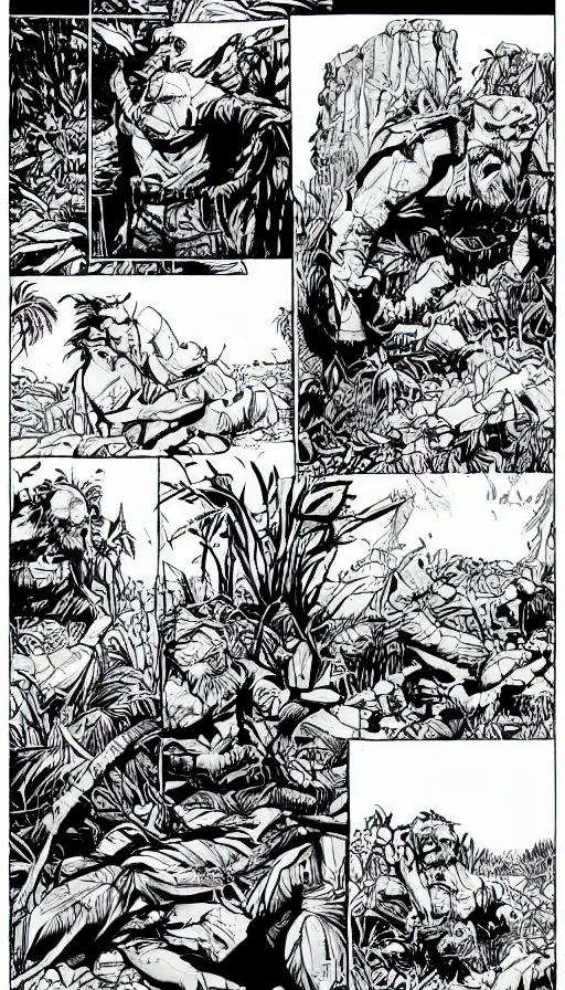 Prompt: multi - panel page from a highly detailed horror comic. a handsome rugged bearded man treks through a jungle wearing a backpack. exhausted, he stands on the edge of a cliff looking at distant mountains. ink.