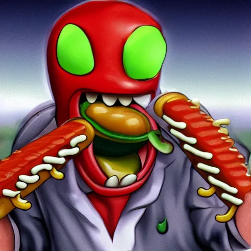 Image similar to big bossomed alien eating a hotdog - w 7 0 0