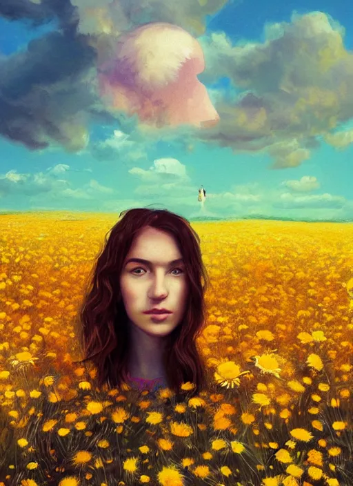 Image similar to portrait of a woman, head made of giant daisies, in a flower field, surreal photography, sunset dramatic light, impressionist painting, colorful clouds, large sky, digital painting, artstation, simon stalenhag
