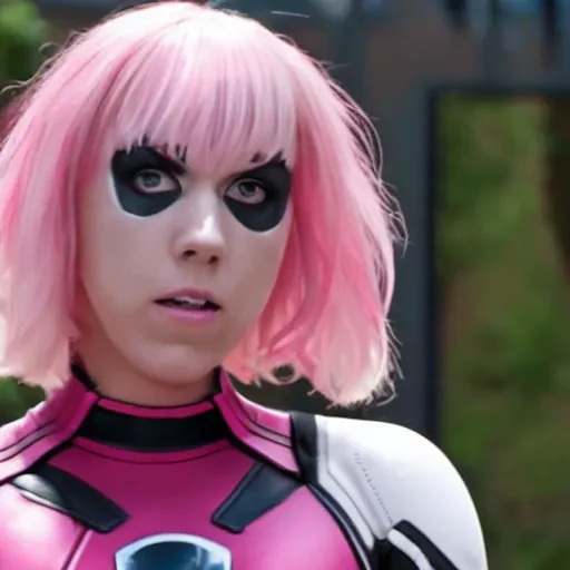 Image similar to A still of Gwenpool in Deadpool 3 (2023), blonde hair with pink highlights, no mask, looking directly at the camera