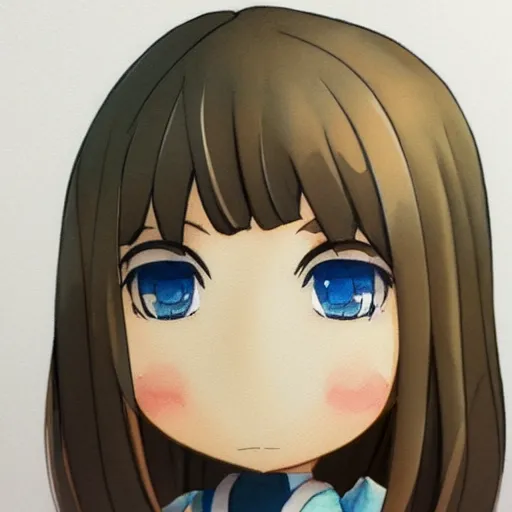 Image similar to beautiful water color concept art portrait of face detailing cute nendoroid girl in the style of Julian Opie, toon rendering, close-up, no shade, modern art, kyoto animation, 3/4 view