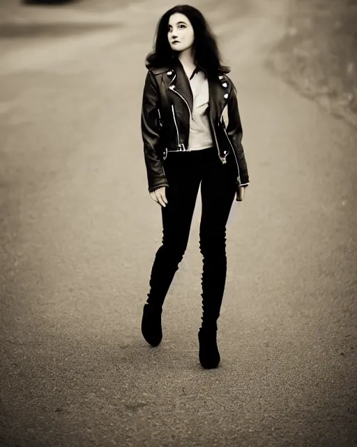 Prompt: young woman in her 20s, she wears a leather jacket and knee high boots, full body portrait, taken by a nikon, intricant, cinematic, wonderful dark hair