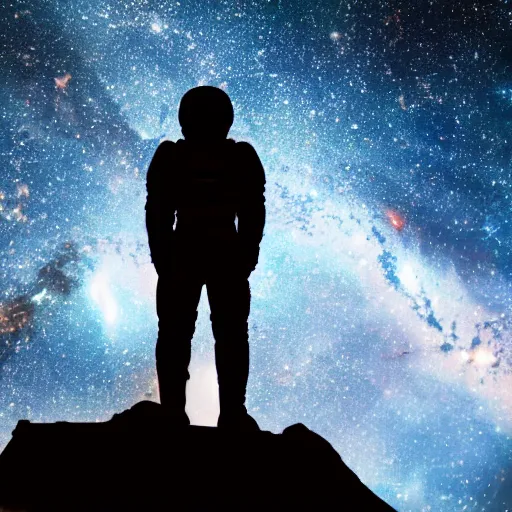 Image similar to astronaut silhouette with arms extended forward, bottom of arms lit by light coming from off camera, light coming from below, starry sky background, lit from below, full body photo,, 8 k