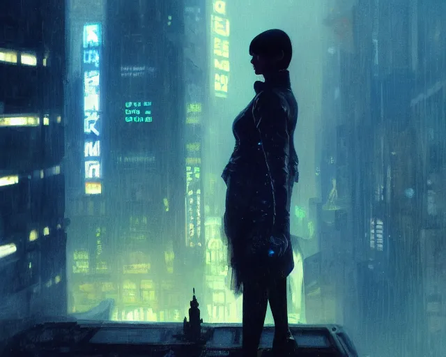 Image similar to 2 0 1 8 blade runner movie still girl look at the cityscape from roof perfect face fine realistic face pretty face reflective polymer suit tight neon puffy jacket blue futuristic sci - fi elegant by denis villeneuve tom anders zorn hans dragan bibin thoma greg rutkowski ismail inceoglu illustrated sand storm alphonse mucha