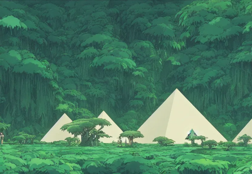 Prompt: a movie still from a studio ghibli film showing several large white pyramids in a swampy jungle. by studio ghibli