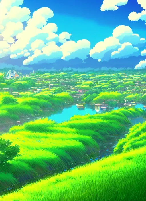 Prompt: a colourful ultradetailed anime illustration of a rainy fields and villages, river, sky, summer, by ghibli, makoto shinkai, bright and transparent animation style, anime art wallpaper 4 k, trending on artstation