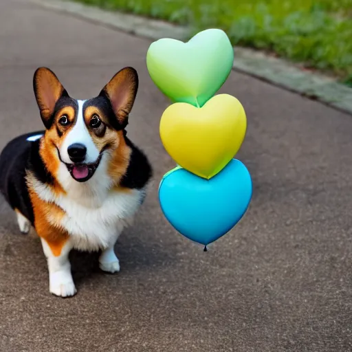 Image similar to a corgi with a heart shaped balloon, Sigma 85mm, f/1.4