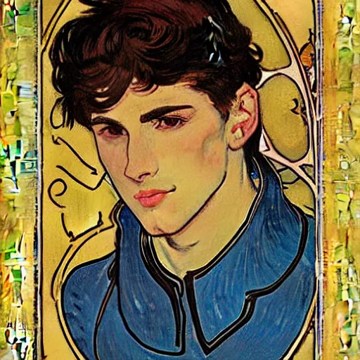 Prompt: portrait painting of young adult handsome human knight with short messy pomp haircut dark brown hair and blue eyes and strong jawline and small scar! under one eye named vidar, wearing armor!!, modest, masculine jawline!, squarish face shape, slightly round chin, art by alphonse mucha, vincent van gogh, egon schiele