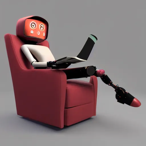 Image similar to futuristic studious matte brown and red full-body humanoid robot with two huge round expressive sad purple glowing LED eyes and open rectangular mouth sitting on a large comfortable cushioned 1950s vintage recliner reading a newspaper. open newspaper. Cinematic Movie Photograph, Arri Alexa, Extremely Detailed, smooth, very very clean, 8K, octane render, maya render, unreal engine, trending on artstation, DSLR, excellent composition, center frame