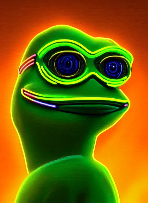 Image similar to portrait of pepe the frog cyber android, intricate, elegant, cyber neon lights, highly detailed, digital painting, cinema 4 d, glamor pose, concept art, smooth, sharp focus, illustration, art by artgerm and greg rutkowski